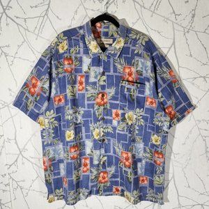 Tommy Bahama Blue Floral Printed 100% Silk Camp Shirt